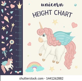 Vector unicorn height chart. Picture with pink girlish elements for children. Measurement Scale with rainbow, stars, cloud, magic wand, crown, crystals.