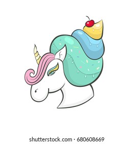 Vector unicorn, icon isolated, cartoon, illustration. Head portrait horse sticker, print a child's T-shirt, bright picture for baby holiday, candy, ice cream.