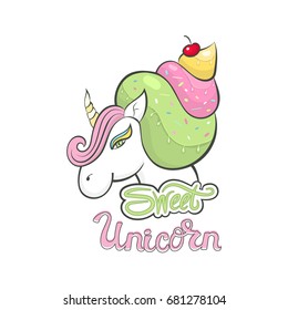 Vector unicorn, icon isolated, cartoon, illustration. Head portrait horse sticker, print a child's T-shirt, hand drawing of the lettering.