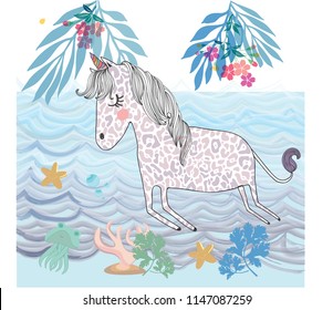 Vector unicorn illustration with animal print cartoon magical character poster banner kid childreen book flower