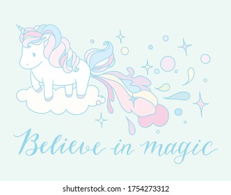 Ilustración del unicornio vectorial con caligrafía