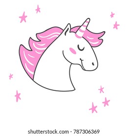 Vector unicorn illustration isolated on white. Head portrait horse icon, sticker, patch badge. Cute magic cartoon fantasy, cute animal. Pink hair and stars. Dream symbol.