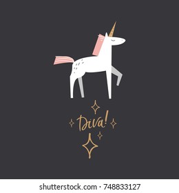 Vector unicorn and inscription "Diva". Poster, postcard, sticker, print, element for design and other.