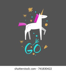 Vector unicorn and inscription "Go". Poster, label, postcard, sticker, print, elements for design and other.