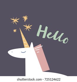 Vector unicorn, inscription "Hello". Poster, postcard, print, illustration, sticker, label and other.