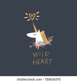 Vector unicorn and inscription. Label, sticker, print, poster, postcard, elements for design and other.