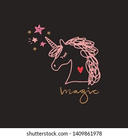 Vector unicorn lettering funny art, baby stylish illustration, unique print for posters, cards, mugs, clothes and other