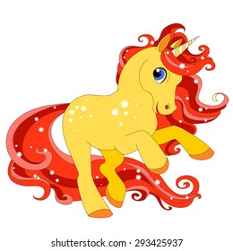  Vector unicorn. Little fantasy gold pony with red hair. Cute character. Child illustration Isolated. Print for t-shirts and bags