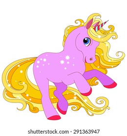  Vector unicorn. Little fantasy pink pony with gold hair. Cute character. Child illustration Isolated. Print for t-shirts and bags