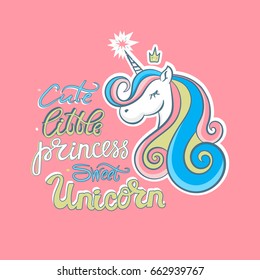 Vector unicorn, little princess, sweet, cute. Print design for T-shirts, postcards,  icon isolated, cartoon.