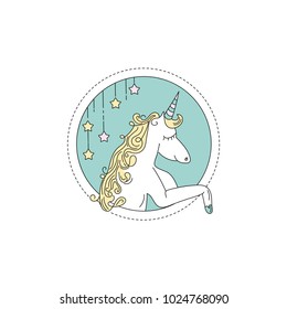 Vector unicorn logo. White dreaming pony with gold curly mane and multicolored horn on blue background. Composition, sign, icon for children's book, avatars, stickers, cards