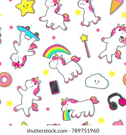 Vector unicorn, magic object seamless pattern. Unicorns walking puking rainbow, eating doughnut, skateboarding, playing with magic wand. Cloud, star with face emotions, headphones smartphone ice cream