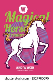Vector of unicorn magical horse with 80s color palette retro illustration