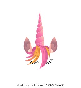 Vector unicorn mask photo booth props. Pink fancy selfie decoration symbol with cute horn with ears and eyelashes. Fairy animal costume for scrapbooking, birthday carnival decor. Isolated illustration