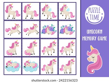 Vector unicorn memory game cards. Magic, fantasy world matching activity. Remember and find correct card. Fairytale printable worksheet for kids with cute pony princess with pink mane and horn
