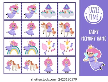 Vector unicorn memory game cards with cute fairy princess. Magic, fantasy world matching activity. Remember and find correct card. Fairytale printable worksheet for kids
