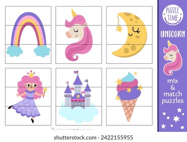 Vector unicorn mix and match puzzle with cute fairy, half-moon, castle, ice-cream. Matching fairytale activity for preschool kids. Magic, fantasy world educational printable game
