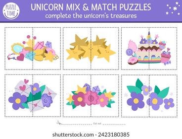 Vektor-Einhorn-Mix und Match-Puzzle mit süßen Schätzen. Die passende Märchenaktivität für Vorschulkinder. Magisches, fantasy world pädagogisches Spiel mit Edelsteinen, Kristallen, gefallenen Sternen
