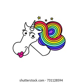 Vector  unicorn patch. Magical white unicorn smiling  with pink lips, rainbow hair and stars.Kids graphics for t-shirts.Unicorn head portrait horse sticker.