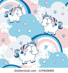 Vektor Einhorn Muster für Kinder. Farbiges nahtloses Einhorn, Sterne, Wolken und Regenbogenmuster. Perfekt für Grüße, Einladungen, Herstellung von Verpackungspapier, Textil-und Web-Design. Vektormuster. 