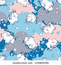 Vector unicorn pattern for kids. Colorful seamless unicorn, stars and clouds pattern. Perfect for greetings, invitations, manufacture wrapping paper, textile and web design. Vector pattern. 