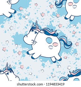 Vector unicorn pattern for kids. Colorful seamless unicorn, stars and paint splash pattern. Perfect for greetings, invitations, manufacture wrapping paper, textile and web design. Vector pattern. 