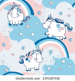 Vector unicorn pattern for kids. Colorful seamless unicorn, stars, clouds and rainbow pattern. Perfect for greetings, invitations, manufacture wrapping paper, textile and web design. Vector pattern. 