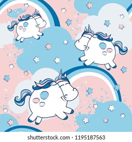 Vector unicorn pattern for kids. Colorful seamless unicorn, stars, clouds and rainbow pattern. Perfect for greetings, invitations, manufacture wrapping paper, textile and web design. Vector pattern. 