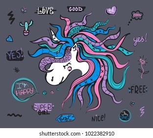 Vector unicorn, phrase collection. For print, baby clothes, t shirt. Creative girlish original design. Typography slogan, Super girl, good, yes, I'm happy, best, nice, cool. Set doodles, cartoon.