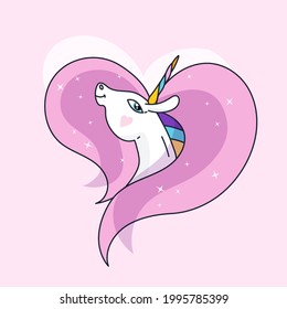 Vector unicorn. Pony, horse patch with rainbow mane and horn. White unicorn head on pink background. T-shirt, gift bag, packaging, notebook, school bag, dress, etc. print