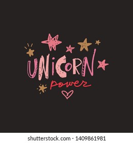 Vector unicorn power lettering funny art, baby stylish illustration, unique print for posters, cards, mugs, clothes and other