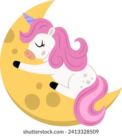 Vector unicorn with purple horn and pink mane. Fantasy animal sleeping on half moon. Fairytale horse character for kids. Cartoon magic creature icon isolated on white background
