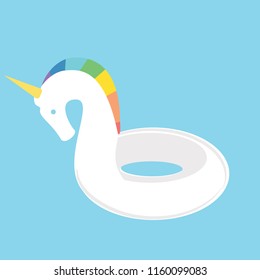 Vector unicorn  rainbow hair inflatable swimming pool ring, tube, float. Summer vacation holiday rubber object, traveling, beach and ocean fun. Illustration isolated white background