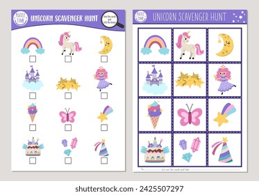 Conjunto de tarjetas de búsqueda de unicornio vectorial. Buscar y encontrar juego con hada linda, castillo, arco iris para los niños. Actividad de búsqueda de cuentos de hadas. Simple magia o fantasía mundo educativo imprimible hoja de trabajo 
