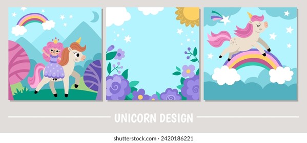 Vector unicorn scenes set. Square backgrounds collection with little horse. Fantasy world illustrations with rainbow, fairy princess, magic forest, cloud, garden. Fairytale landscape for kids 
