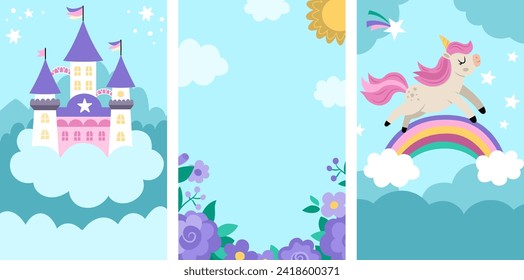 Vector unicorn scenes set. Vertical backgrounds collection with little horse. Fantasy world illustrations with rainbow, castle, garden, purple flowers for card design. Fairytale landscape for kids 
