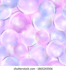 Vector unicorn seamless pattern with chaotic soap bubbles on pink background. Shiny texture with 3d transparent balls.