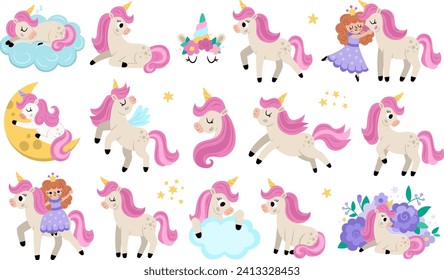 Vector unicorn set. Fantasy animal collection with yellow horn and pink mane. Fairytale horse character sitting, running, hugging with fairy, sleeping. Cartoon magic creature icons for kids
