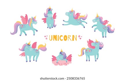 Conjunto de unicornio de Vector. Colección animal de la fantasía con el cuerno amarillo y la melena rosa