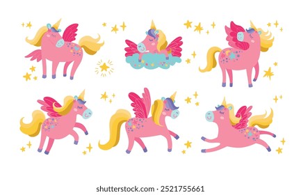 Conjunto de unicornio de Vector. Colección animal de la fantasía con el cuerno amarillo y la melena rosa