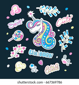 Vector unicorn. Set of stickers, a picture of flowers, lollipop, heart, clouds. Vector trendy illustration isolated. Fashion patch badges, print a child's T-shirt, hand drawing of the lettering.