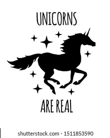 Vector unicorn silhouette with quote card isolated on white background. Unicorns are real lettering illustration