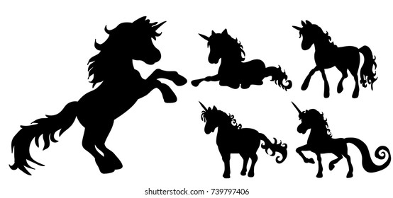 vector, unicorn silhouette set