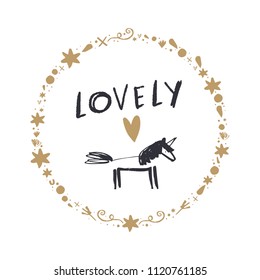 Vector unicorn sketch and floral frame. Decor elements for your design and other. Good for gift cards and kids products. Clipart. Isolated details.