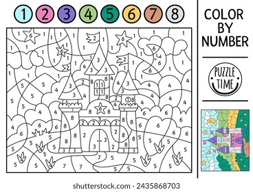 Vector Unicorn themed color by number activity with castle. Fairytale landscape scene. Black and white counting game with cute fantasy palace with flags and towers. Magic coloring page for kids
