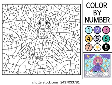 Vector Unicorn themed color by number activity with fairy sitting on the rainbow. Fairytale landscape scene. Black and white counting game with cute little princess. Magic coloring page for kids
