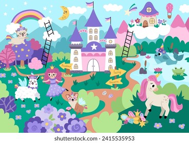 Vector unicorn themed landscape illustration. Fairytale scene with characters, castle, rainbow, forest. Magic nature background with fairy, animals with horns. Fantasy world picture for kids
 svg