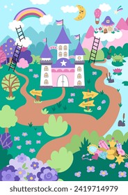 Vector unicorn themed vertical landscape illustration. Fairytale scene with castle, rainbow, forest, pond, treasures, mountains, garden. Magic nature background. Fantasy world picture for kids
