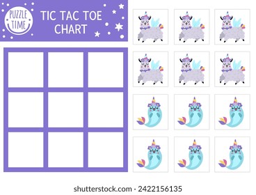 Vector unicorn tic tac toe chart with cute animals with horns. Magic, fantasy world board game playing field with cute llama and narval. Fairytale printable worksheet. Noughts and crosses grid 
