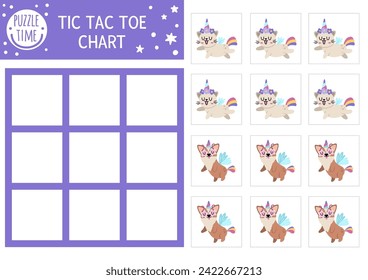 Vector unicorn tic tac toe chart with cute animals with horns. Magic, fantasy world board game playing field with cute cat and corgi dog. Fairytale printable worksheet. Noughts and crosses grid 
